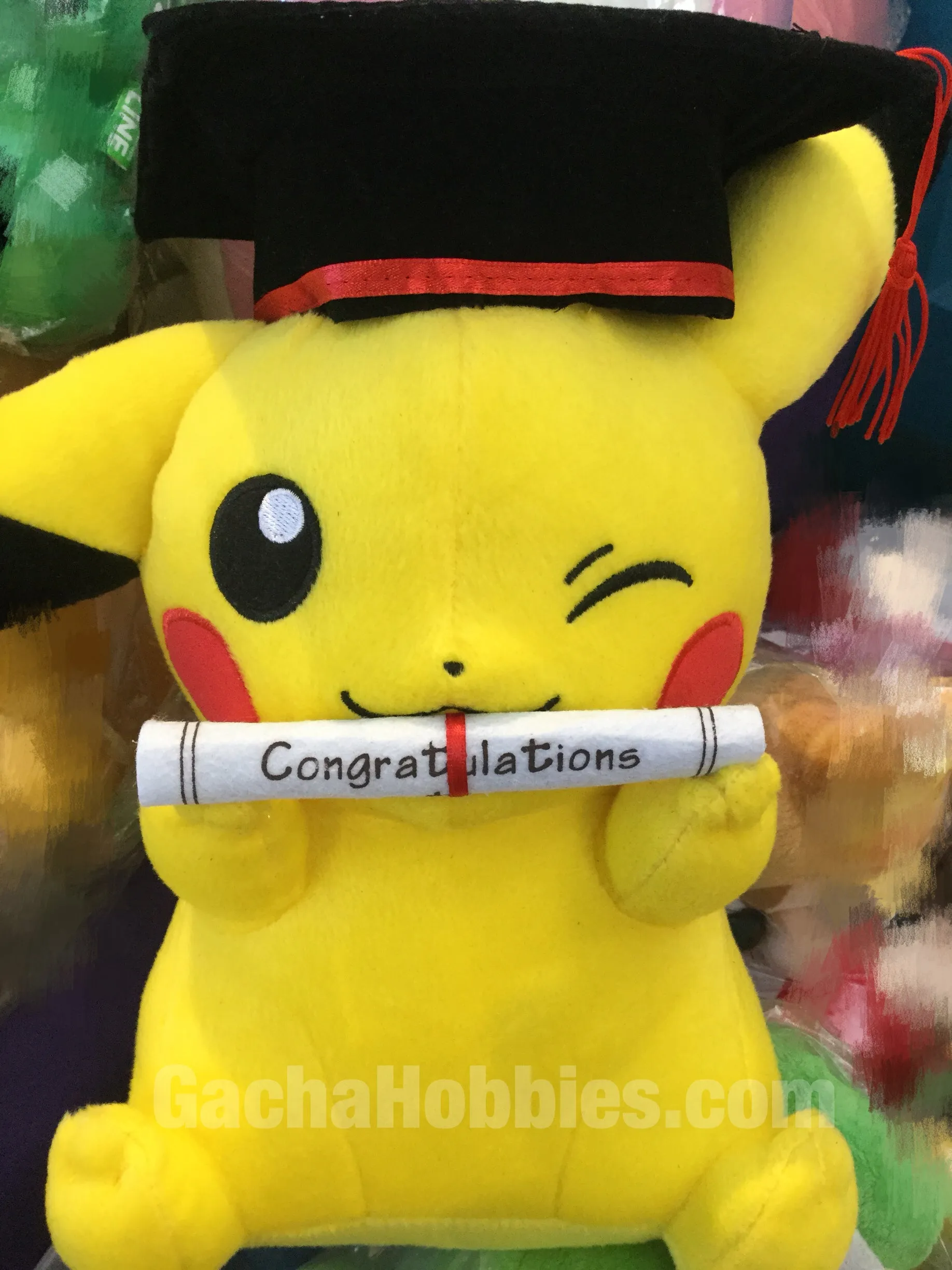 Graduation Pokemon Pikachu Swirl Eyes Plush Premium Collectible Tropical theme